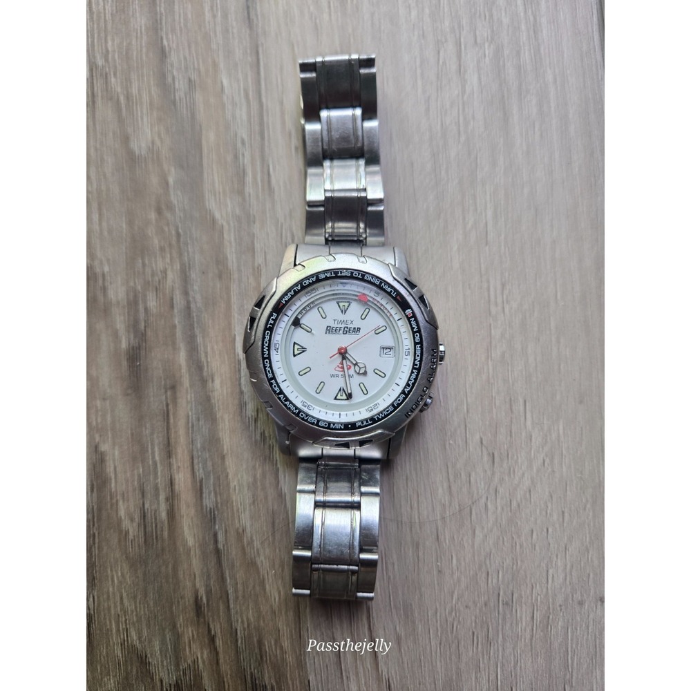 Timex Watch Mens 40mm Reef Gear Alarm Silver Tone Date Diver Style Y2K Field